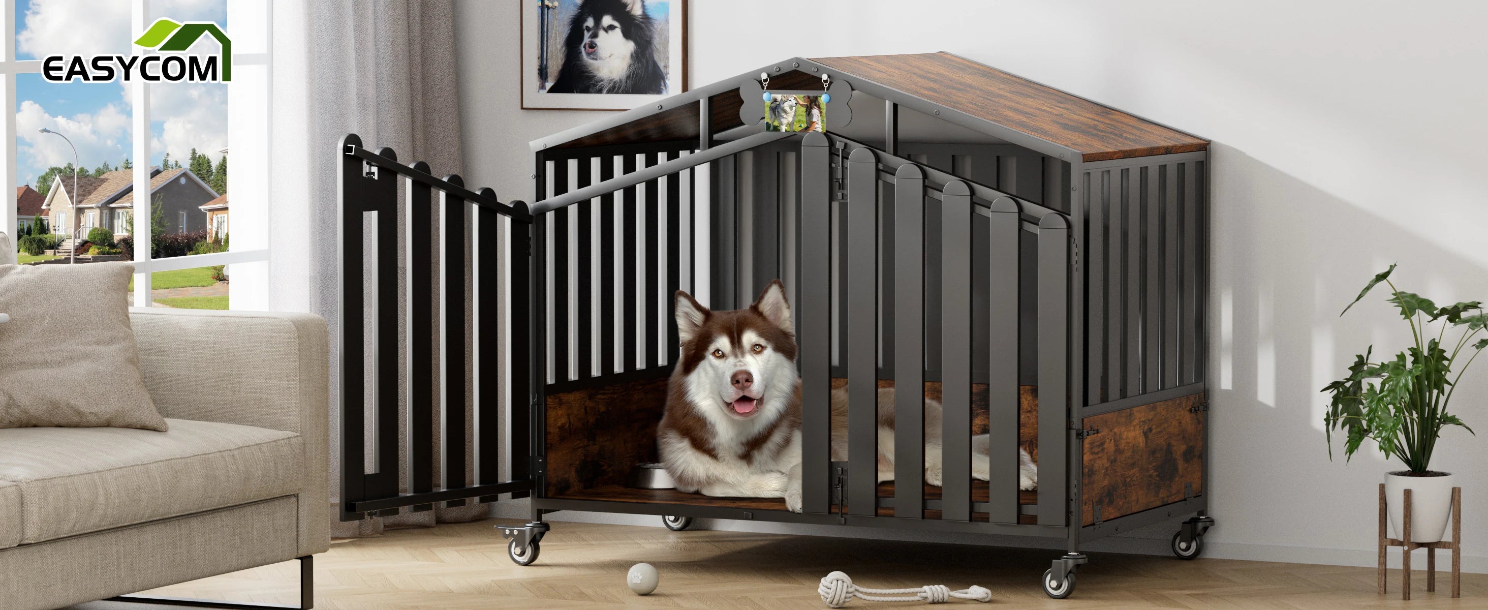 31"/41"/48“ XL Heavy Duty Dog Crate Furniture with Wheels, Dog Crates for Large Dogs Extra-Wide Thick Steel Plates for Chew Res