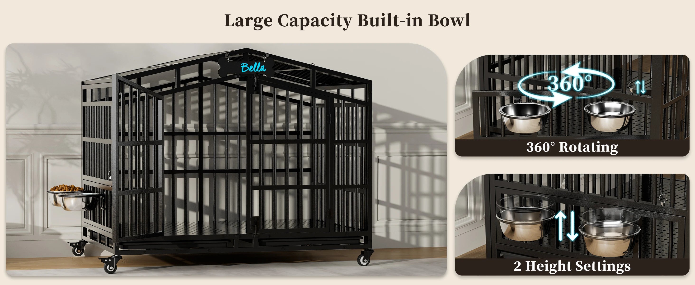 EasyCom 41"/48" Heavy Duty Dog Crate Extra Large Metal Dog Kennel w/ 2 Adjustable Bowls, Open Top & Lockable Wheels,for Big Dogs