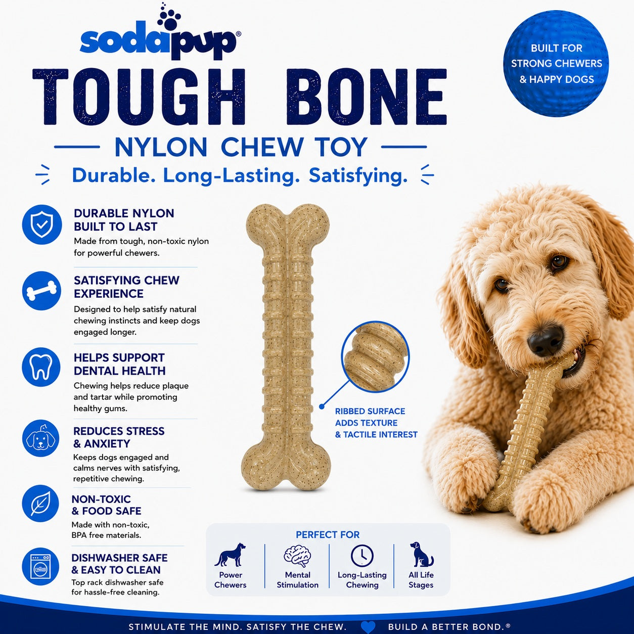 Tough Bone Nylon Chew Bone | Ultra-Durable Dog Toy for Aggressive Chewers | SodaPup
