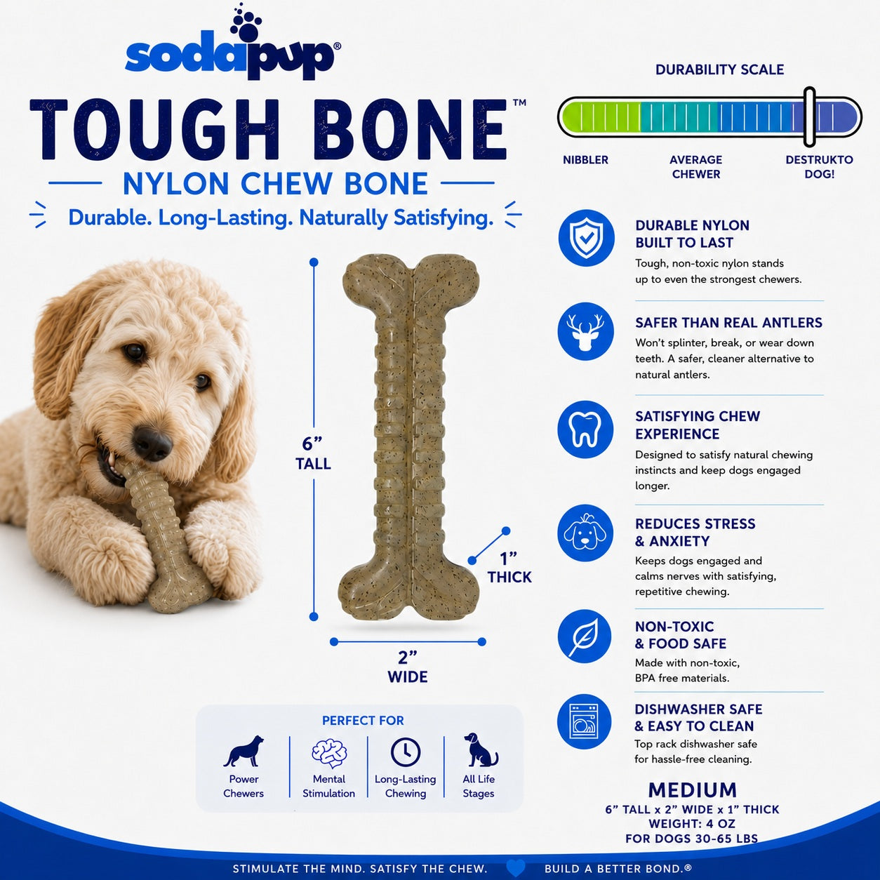 Tough Bone Nylon Chew Bone | Ultra-Durable Dog Toy for Aggressive Chewers | SodaPup