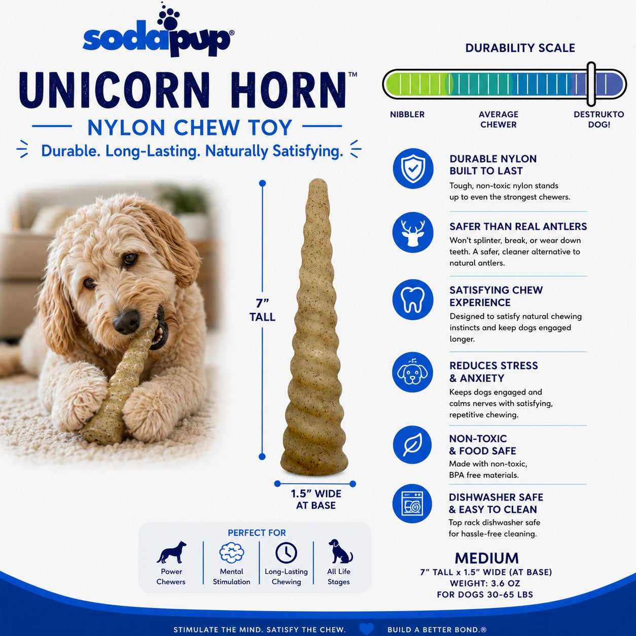 Unicorn Horn Nylon Dog Chew Toy | Durable for Aggressive Chewers | SodaPup