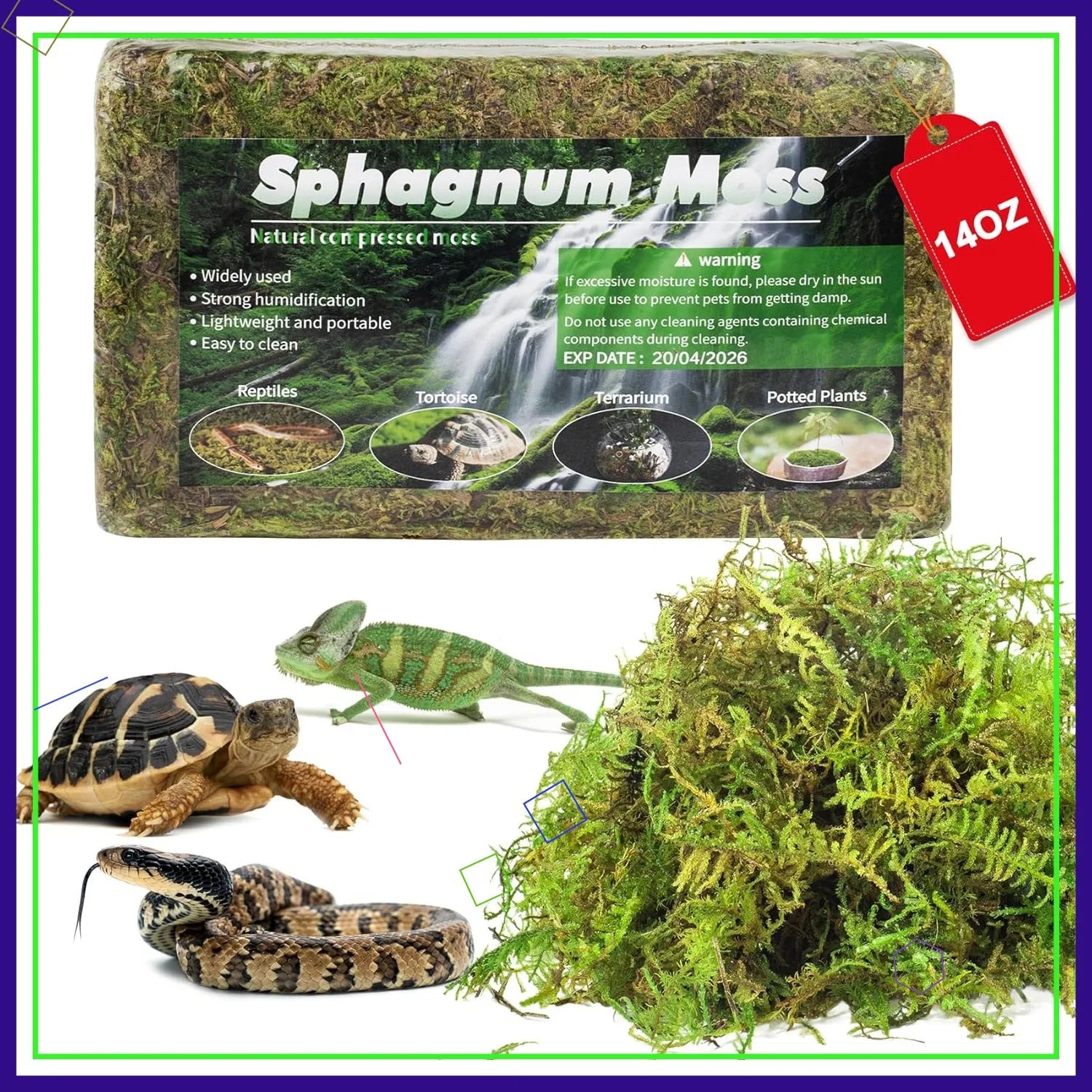 14OZ Natural Sphagnum Moss for Reptiles, Terrarium Bedding & Substrate for Snakes, Gecko, Frogs (50QT)