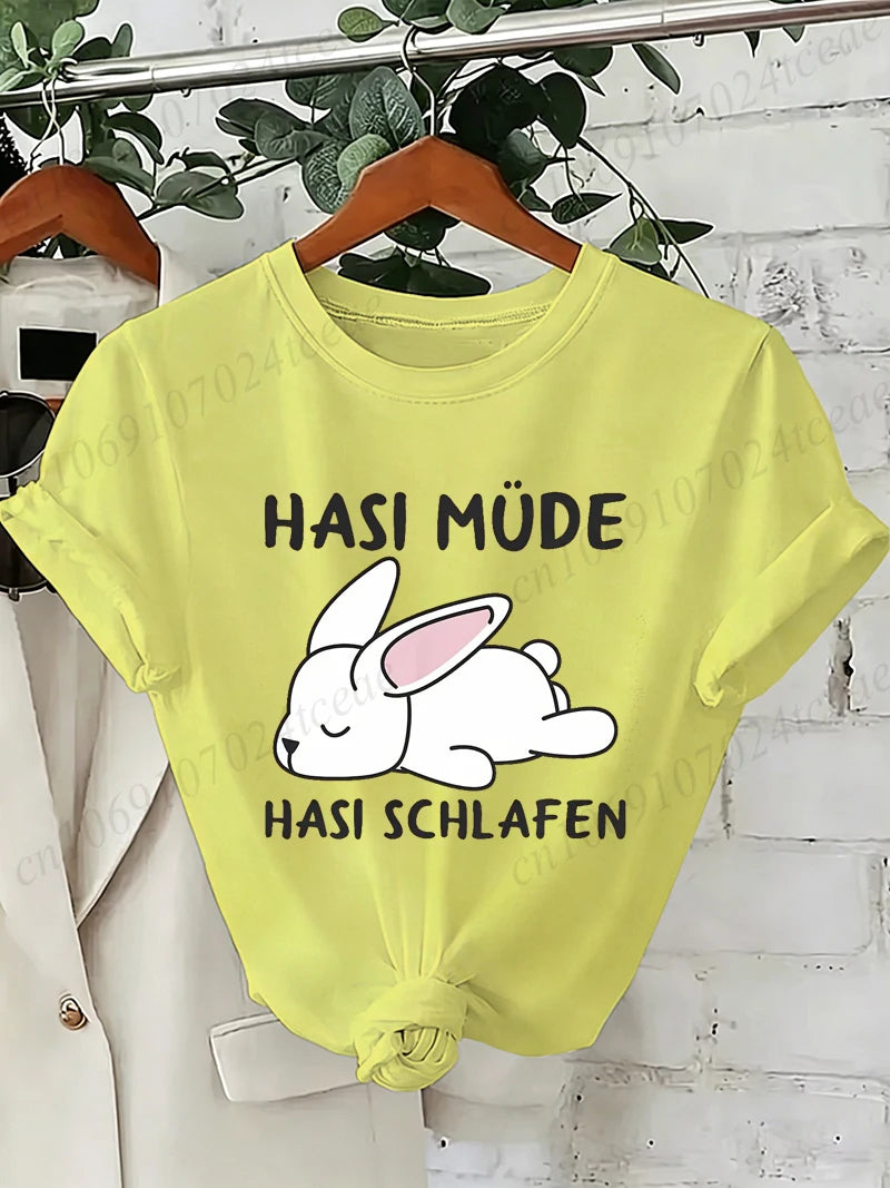 Bunny Is Tired T Shirts Lazy Bunny Graphic Tee Women Casual O Neck Short Sleeve Loose Streetwear Cute Rabbit Print T-Shirt Tops