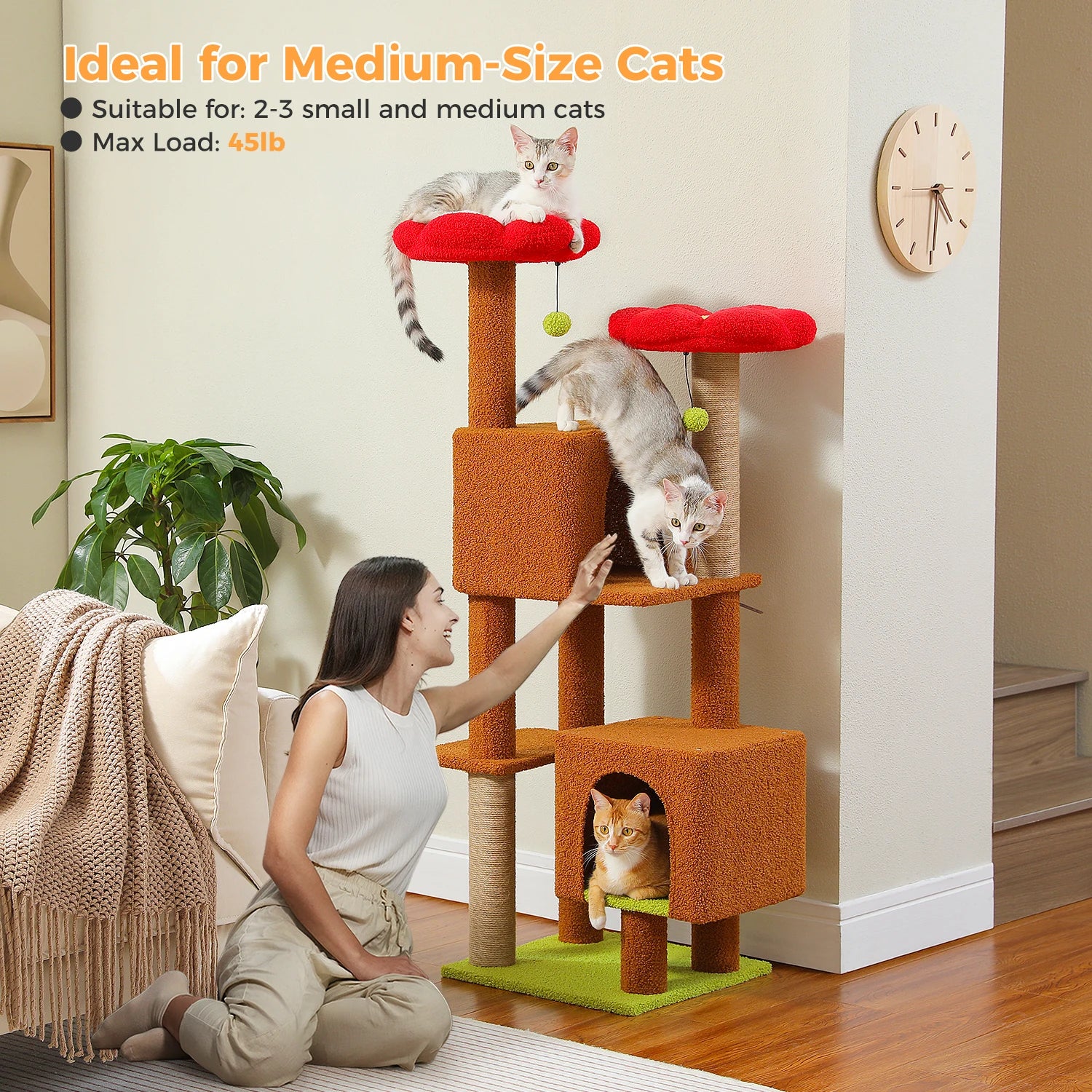 Cactus Cat Tree, 133cm Cat Tower for Indoor Cats, Cute Cat Tree with 2 Padded Perches, 2 Condos & 2 Scratching Posts