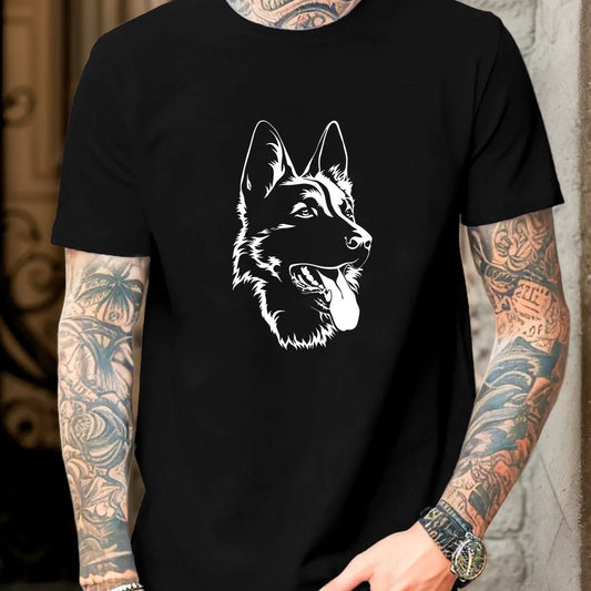 Men German Shepherd Graphic Cotton T-Shirt - Casual Crew Neck Short Sleeve Summer Tee with Dog Print Men Clothing