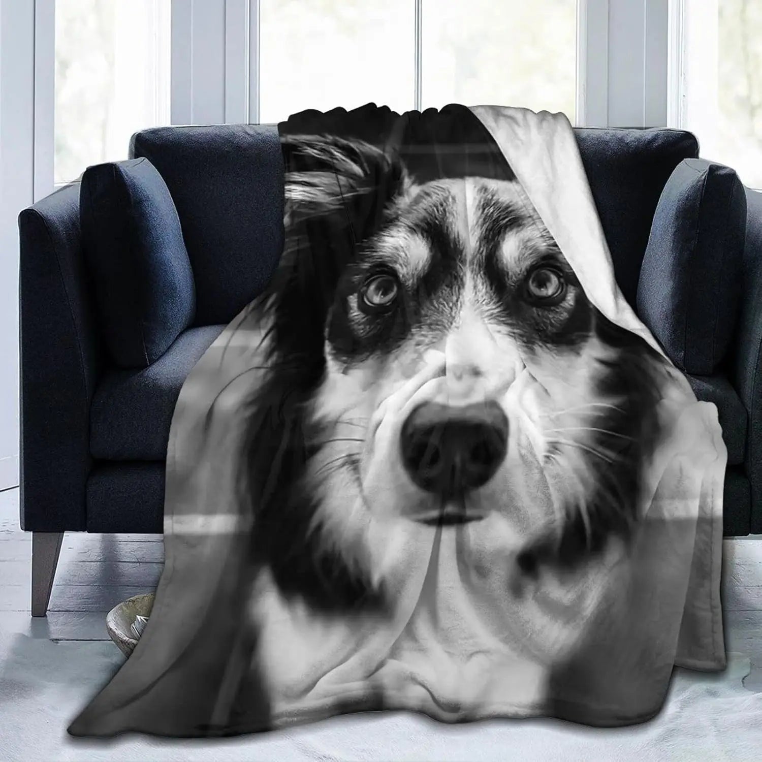 Australian Shepherd Dog Face Blanket Black White Print Soft Fleece Throw Pet Lover Gift Home Decor Cozy Bedding Accessory