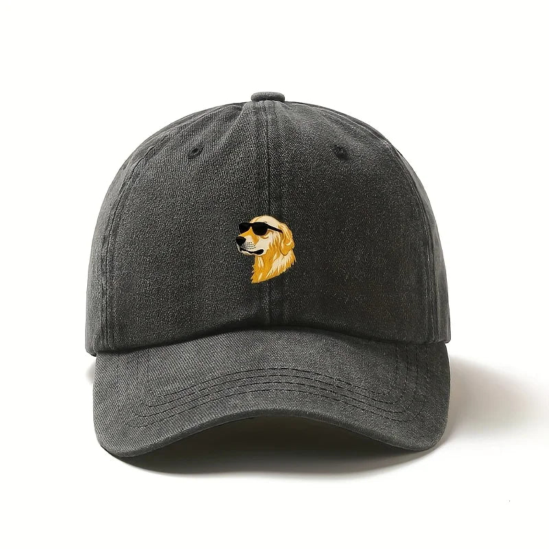 Wearing sunglasses, a golden retriever printed baseball cap, a gift for dog lovers with multiple colors to choose from