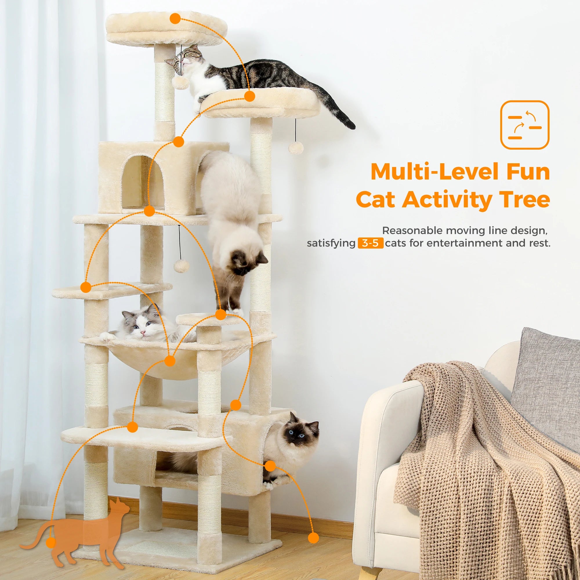 PAWZ Road 72" Large Cat Tree Tower with Hammock and Condo