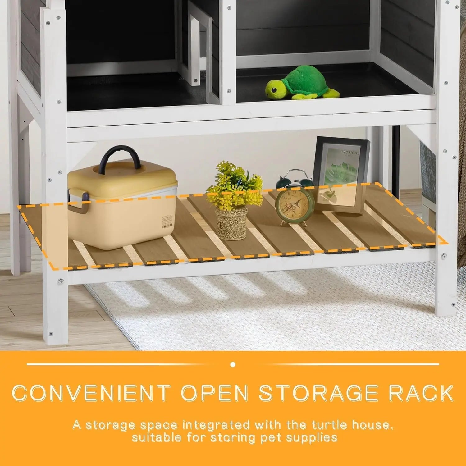 Wooden Tortoise Habitat with Shelf Storage and Adjustable Lamp Holder,Indoor Outdoor Reptile Cage Turtle Enclosure