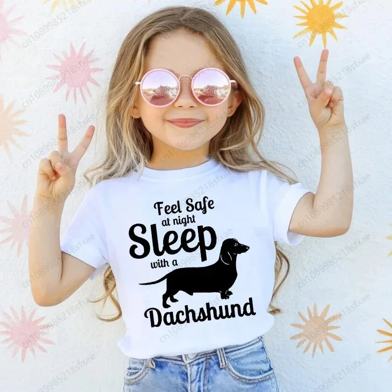 T-shirt with Dachshund Teckel dog print,fun t-shirts for babies,t-shirt for kids,white short-sleeve summer t-shirts for children