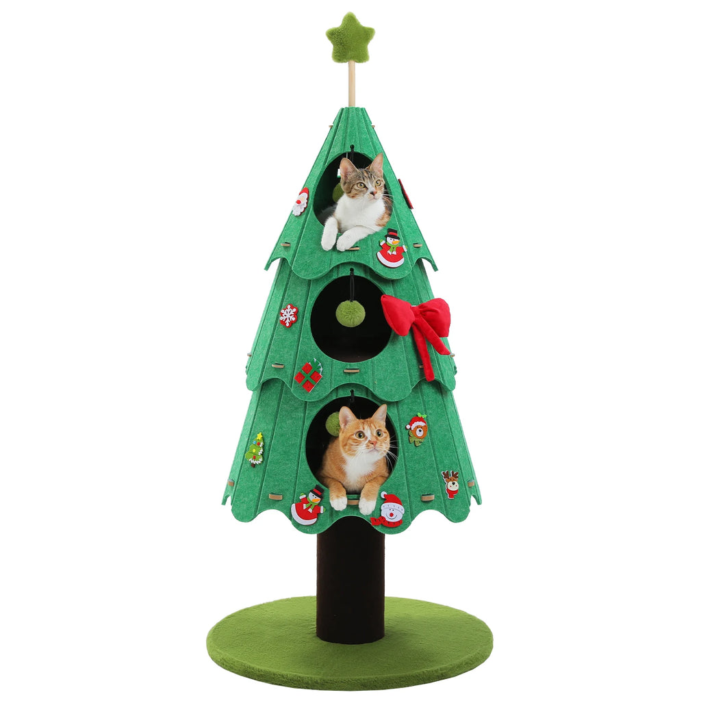 Christmas Cat Tree Tower with 3 Cozy Condos & Pompoms Multi-Level Cat House Bed for Indoor Cats Modern Cat Furniture Cat Toys