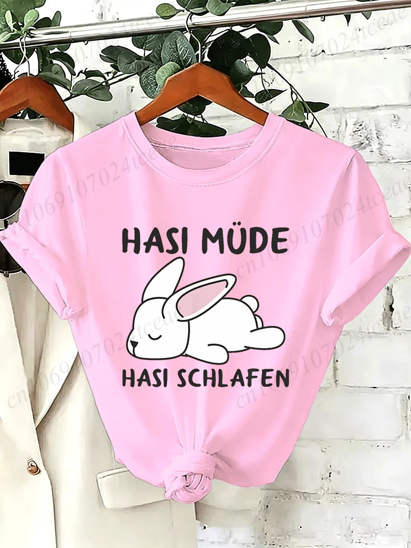 Bunny Is Tired T Shirts Lazy Bunny Graphic Tee Women Casual O Neck Short Sleeve Loose Streetwear Cute Rabbit Print T-Shirt Tops