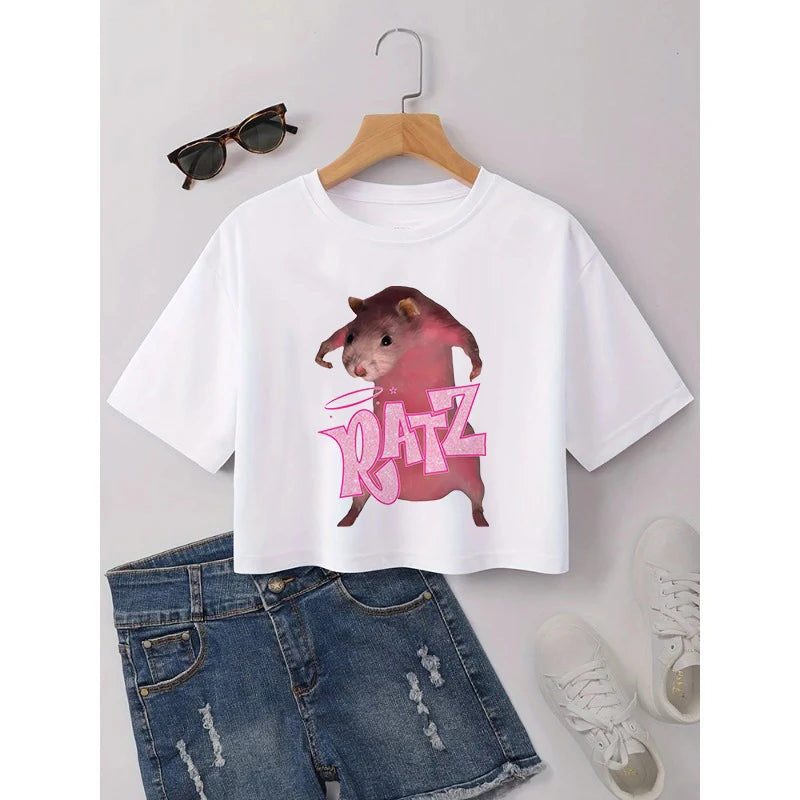 Kawaii Rat Ratz Mouse Cropped Print Crew Neck T-shirt Y2K Short Sleeve Tight Fit Crop Top Spring Summer Women's Clothing