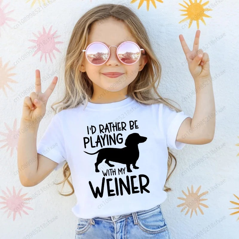 Dachshund Teckel Cute Dog Print Tee Funny T-shirts Baby Boy Girl Tshirt Kids Boys Top Child Summer Short Sleeve White Tops