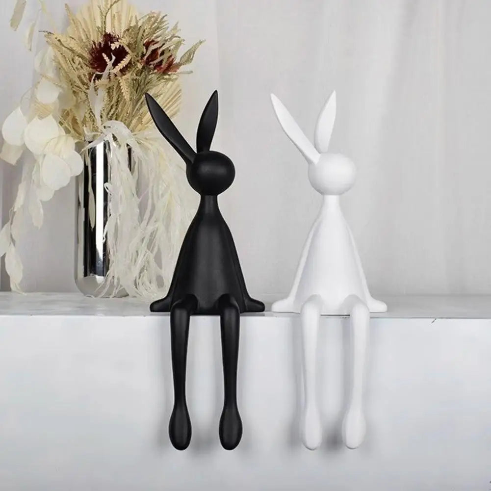25cm Sitting Rabbit Figurine Long-legged Bunny Resin Statue Animal Sculpture Home Office Bookshelf Desktop Easter Decor Ornament
