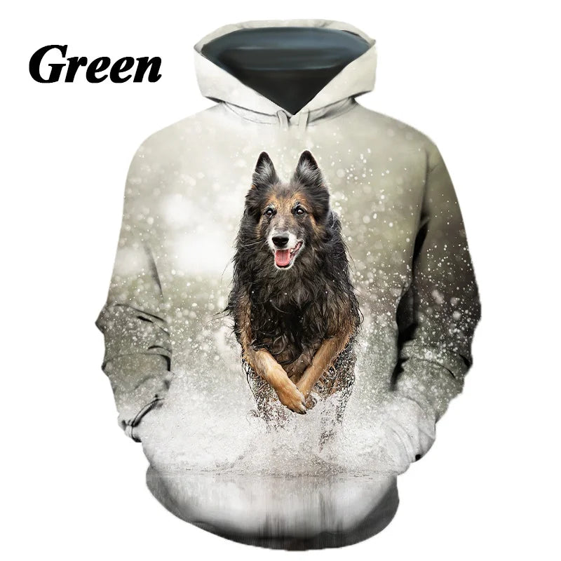 New Fashion Casual German Shepherd Animal Dog 3D Printing Men's Round Neck Hoodie Tops T-shirt Couple Hoodie
