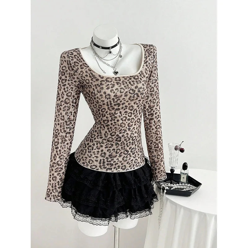 Benuynffy Leopard Print Scoop Neck Sequins T Shirt Women Spring Summer Fashion Long Sleeve Sexy Backless Lace Party Tops Tee