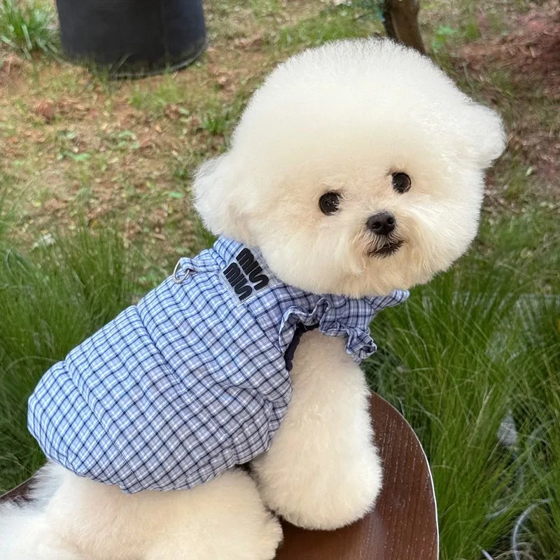 Blue Checkered Dog Clothes Teddy Winter Thickened Cotton Coat Yorkshire Warm-Weather Outerwear with Traction Buckle
