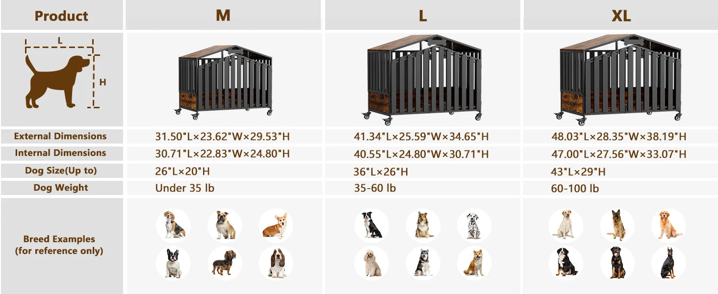 31"/41"/48“ XL Heavy Duty Dog Crate Furniture with Wheels, Dog Crates for Large Dogs Extra-Wide Thick Steel Plates for Chew Res