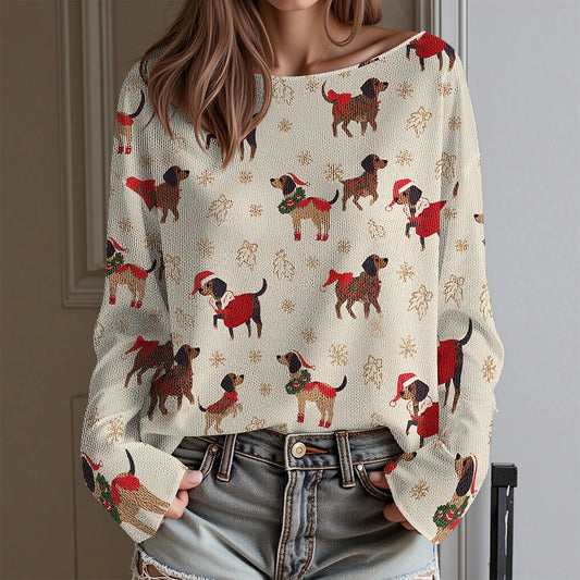 Dachshund Ugly Christmas Party T-Shirt Women's Sexy Off-Shoulder Long Sleeve Top Funny Xmas Dog Print Holiday Blouse Plus Size