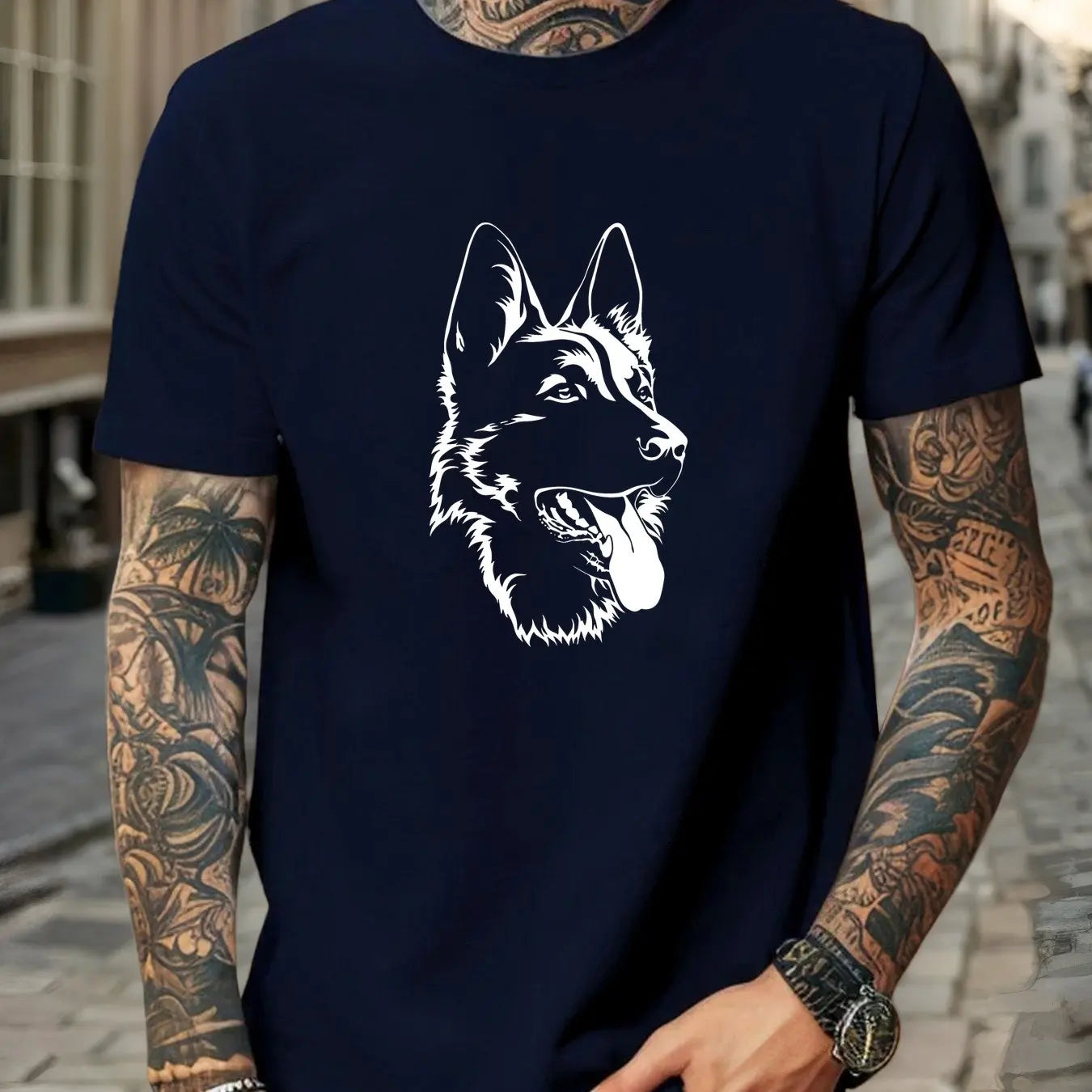 Men German Shepherd Graphic Cotton T-Shirt - Casual Crew Neck Short Sleeve Summer Tee with Dog Print Men Clothing
