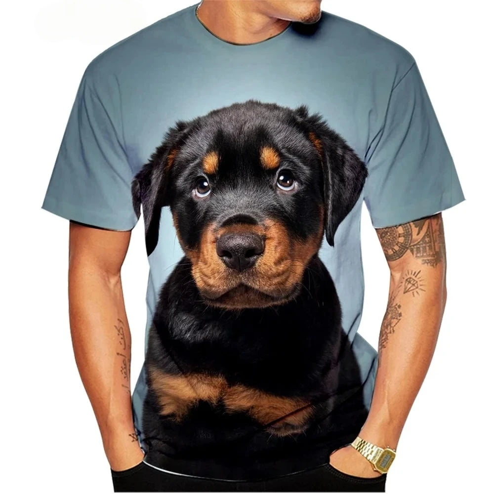 Cute Pet Dog Summer Men's T-Shirt 3D Rottweiler Fashion Print Short Sleeve Outdoor Casual Tee Loose Comfortable Men's Clothing