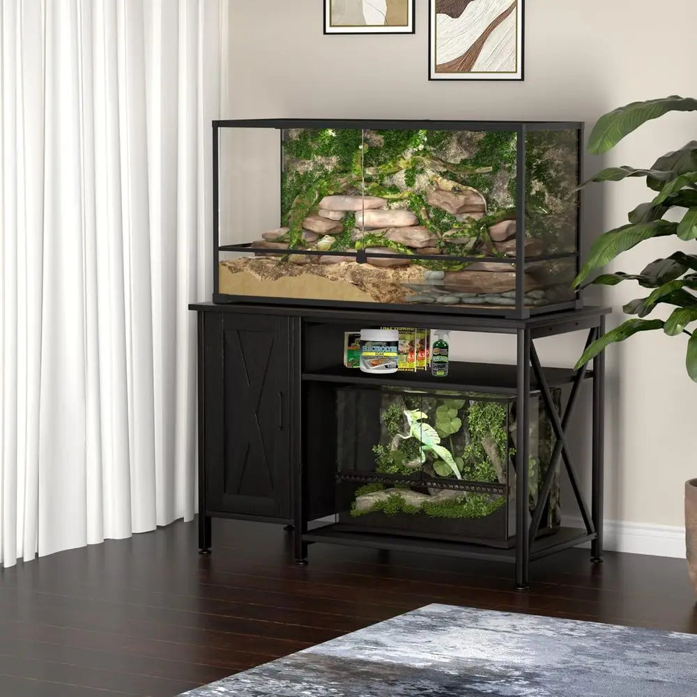 40-120 Gallon Black Reptile Tank Stand with Storage and Power Outlet, 48x24 Tabletop