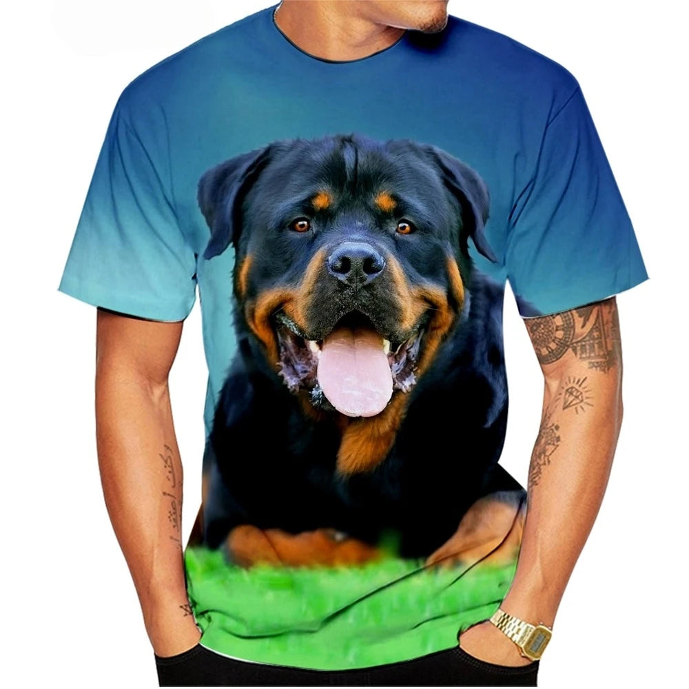 Cute Pet Dog Summer Men's T-Shirt 3D Rottweiler Fashion Print Short Sleeve Outdoor Casual Tee Loose Comfortable Men's Clothing