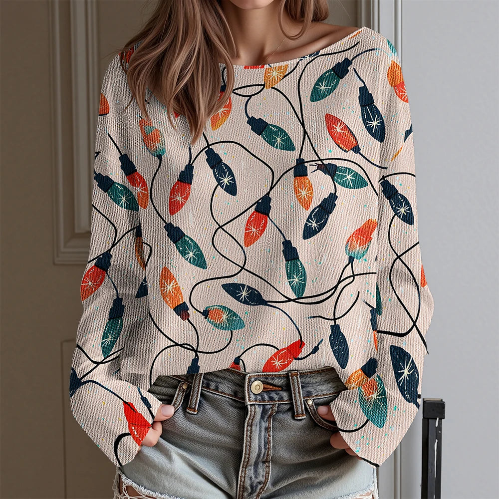 Dachshund Ugly Christmas Party T-Shirt Women's Sexy Off-Shoulder Long Sleeve Top Funny Xmas Dog Print Holiday Blouse Plus Size