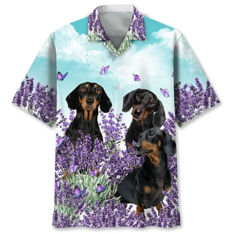 Cartoon Dachshund Dog 3d Printed Shirt For Men Animal Pets Graphics Short Sleeves Hawaiian Shirts Tops Loose Lapel Blouse