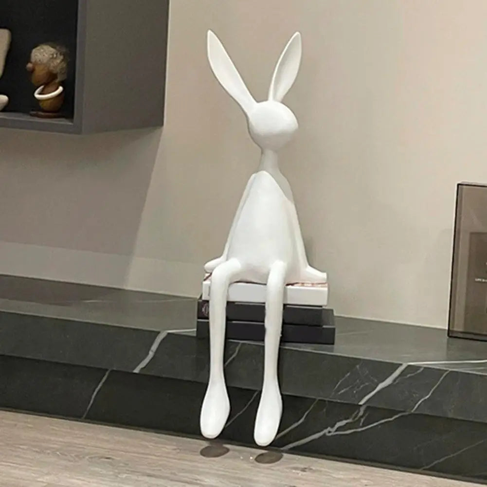 25cm Sitting Rabbit Figurine Long-legged Bunny Resin Statue Animal Sculpture Home Office Bookshelf Desktop Easter Decor Ornament