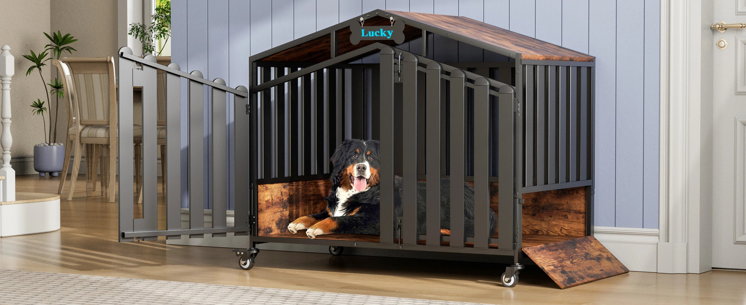 31"/41"/48“ XL Heavy Duty Dog Crate Furniture with Wheels, Dog Crates for Large Dogs Extra-Wide Thick Steel Plates for Chew Res