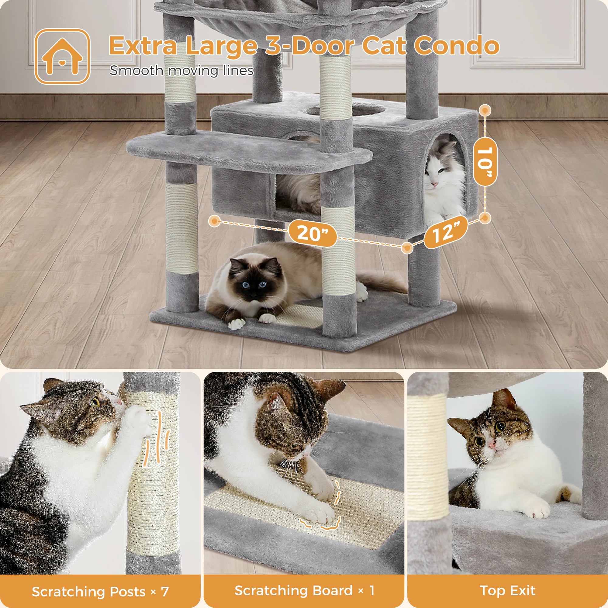 Multi-Level Cat Tree Tower with Scratching Posts&Board, Hammock, Cat Condo, Spacious Top Perch,Dangling Balls for Indoor Cats