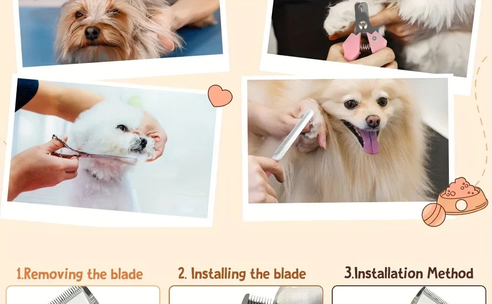 Low-noise professional USB rechargeable pet grooming tool set, equipped with thickened ceramic blades and 4 different blade head
