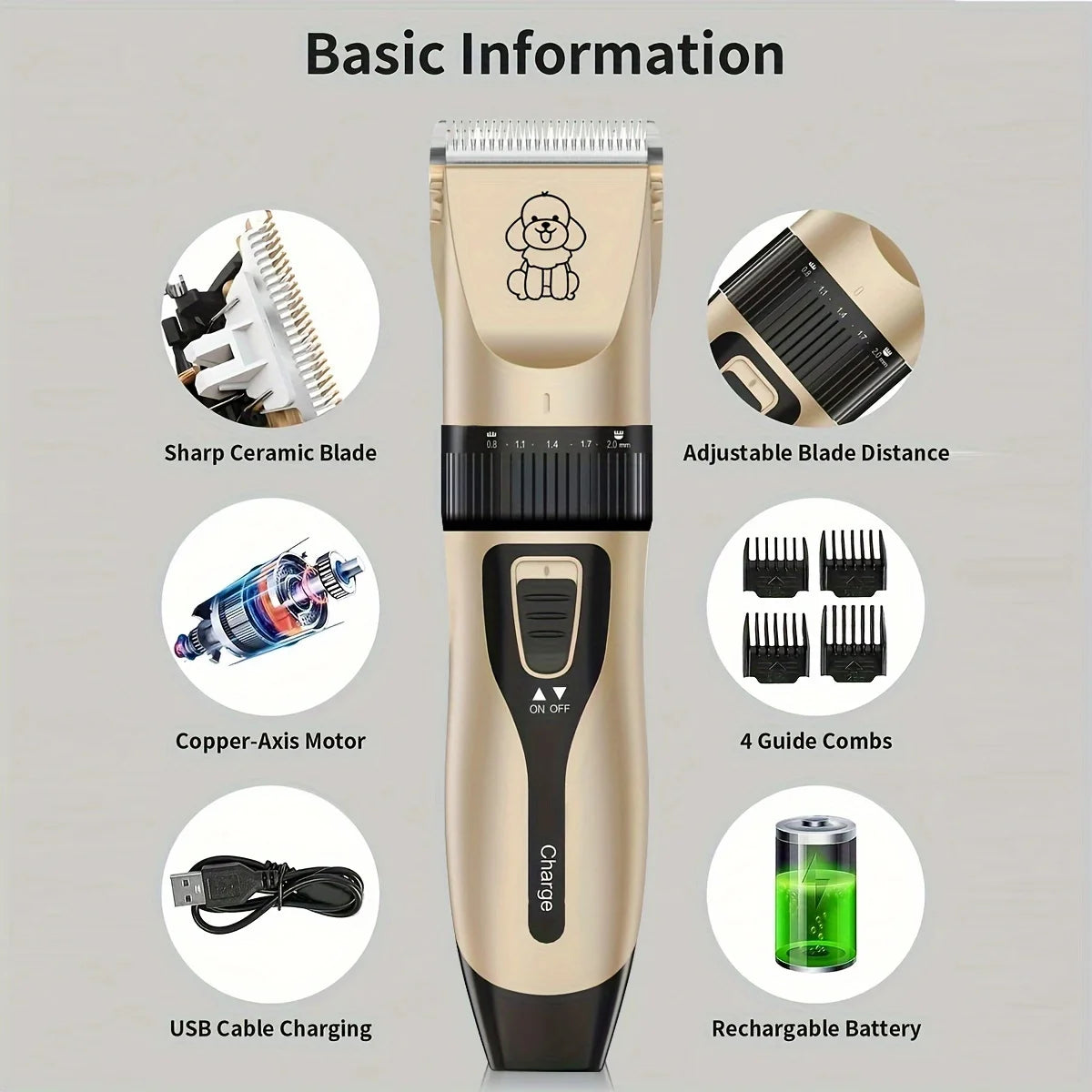 Low-noise professional USB rechargeable pet grooming tool set, equipped with thickened ceramic blades and 4 different blade head