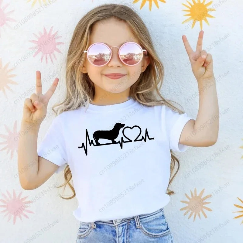 T-shirt with Dachshund Teckel dog print,fun t-shirts for babies,t-shirt for kids,white short-sleeve summer t-shirts for children