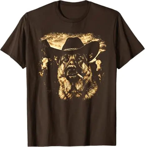 German Shepherd Western Graphic Cowboy Dog Smoking T-Shirt Ranch Farm Life Novelty Gift Men's Fashion Dog Dad Saying Tee Clothes
