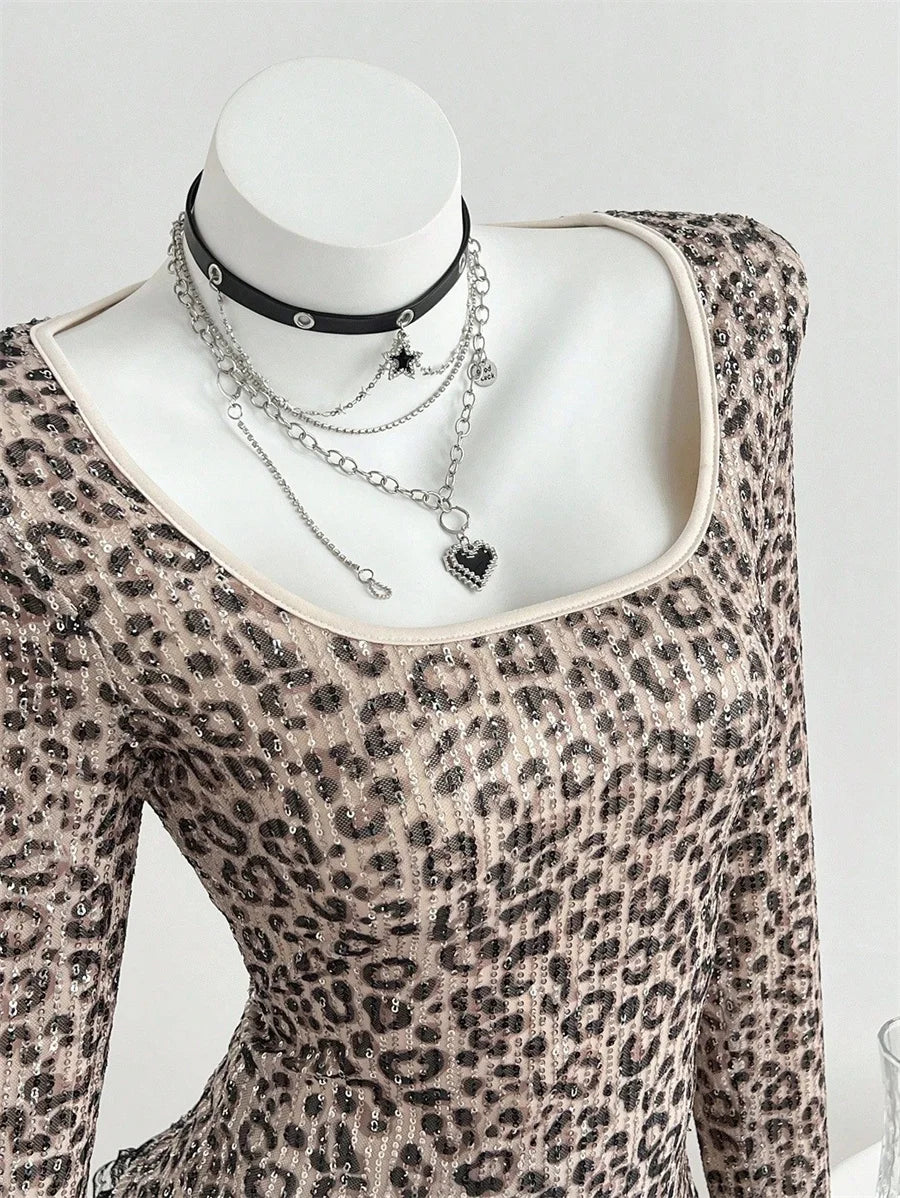 Benuynffy Leopard Print Scoop Neck Sequins T Shirt Women Spring Summer Fashion Long Sleeve Sexy Backless Lace Party Tops Tee