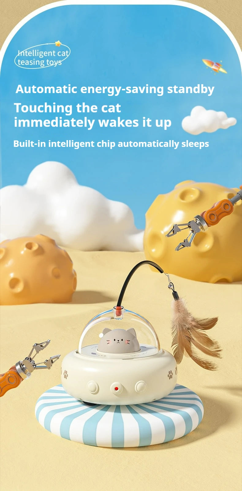 UFO 3-in-1 Automatic Interactive Cat Toy, Laser + Feather + Smart Obstacle Avoidance, USB Rechargeable