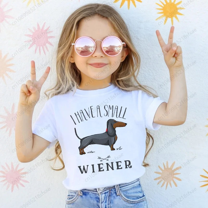 Dachshund Teckel Cute Dog Print Tee Funny T-shirts Baby Boy Girl Tshirt Kids Boys Top Child Summer Short Sleeve White Tops