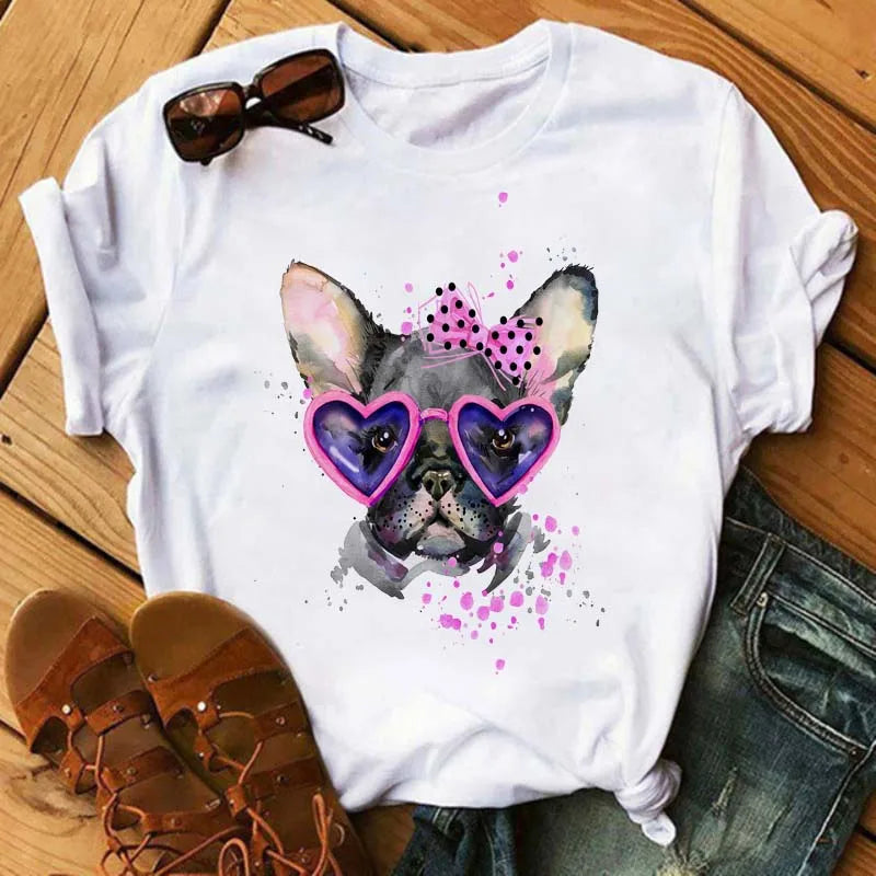 Cute French Bulldog T-shirt Animal Harajuku Print Pattern Shirt Fun French Bulldog Short Sleeves Animal Lover Tshirt dog mom Tee