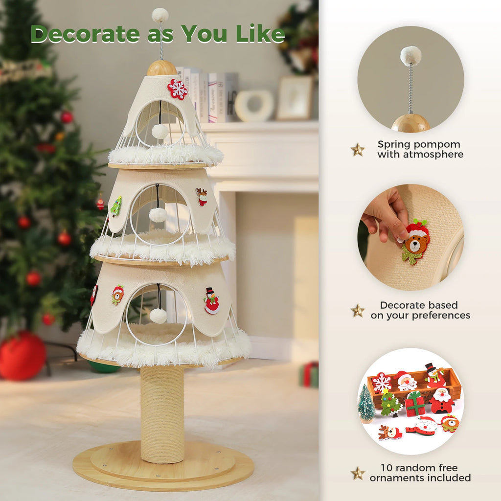 Christmas Cat Tree Tower with 3 Cozy Condos & Pompoms Multi-Level Cat House Bed for Indoor Cats Modern Cat Furniture Cat Toys