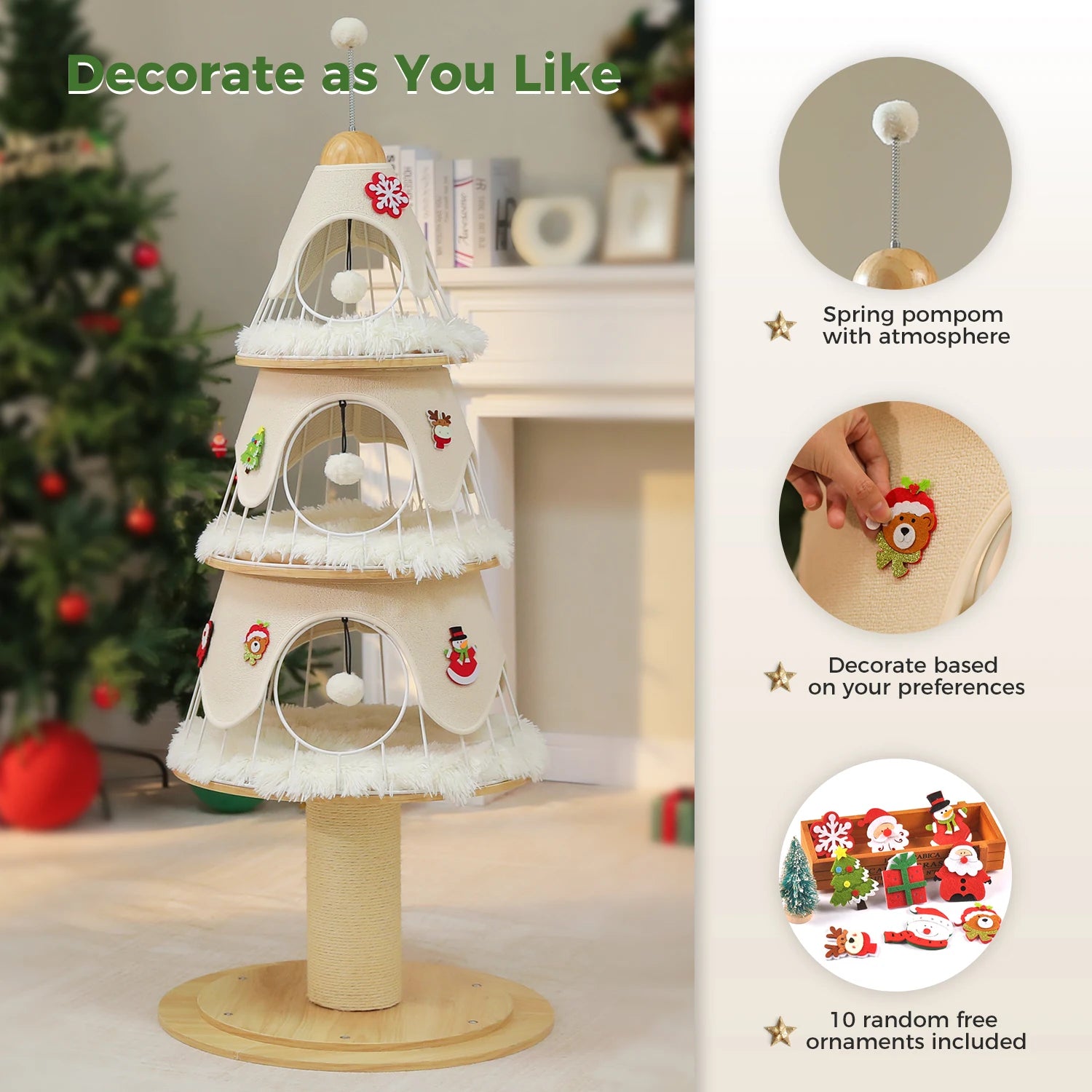 Christmas Cat Tree Tower with 3 Cozy Condos & Pompoms Multi-Level Cat House Bed for Indoor Cats Modern Cat Furniture Cat Toys