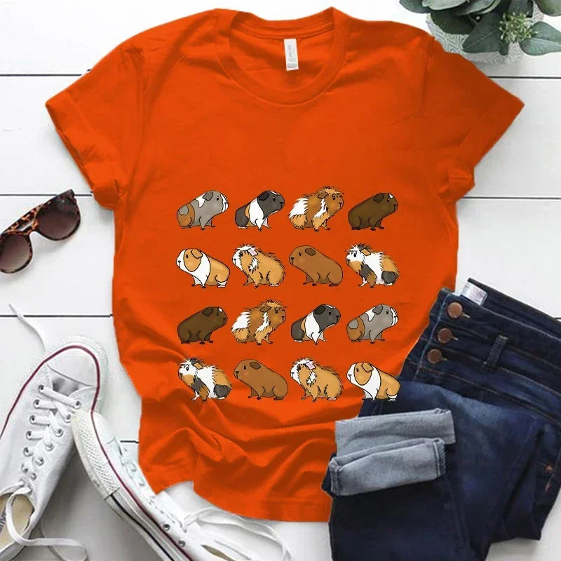 Kawaii Cartoon Guinea Pig Print T Shirt Women Fashion T Shirt Casual Tops 90s Girls Ladies Female Short Sleeve Cute Graphic Tees