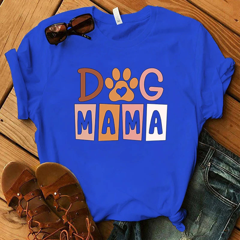 Dog Mama Printing T-Shirt Women Tees Round Neck T-Shirt