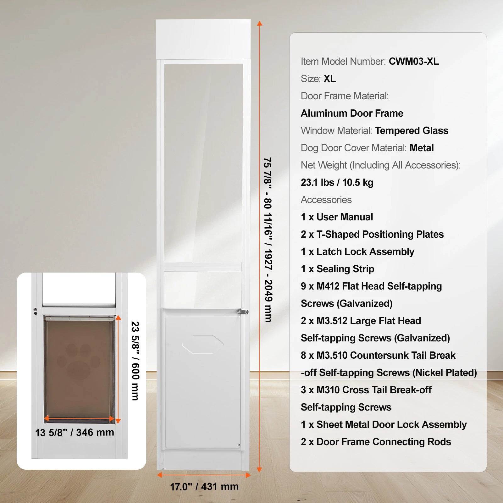 SucceBuy Sliding Glass Pet Door - Adjustable 76-81" Aluminum Frame