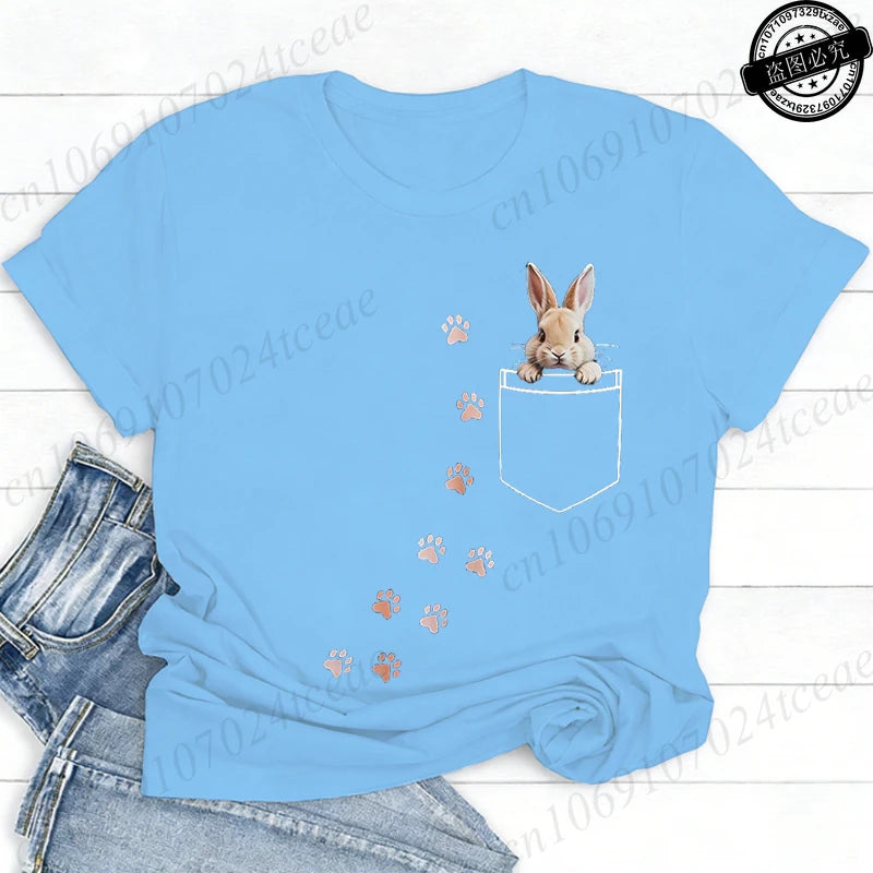 Pocket Bunny T-Shirts – Cute Rabbit Paw Prints T-Shirt Funny Bunny Graphic Tee Tops Sweet Rabbit Sitting in The Pocket Shirt
