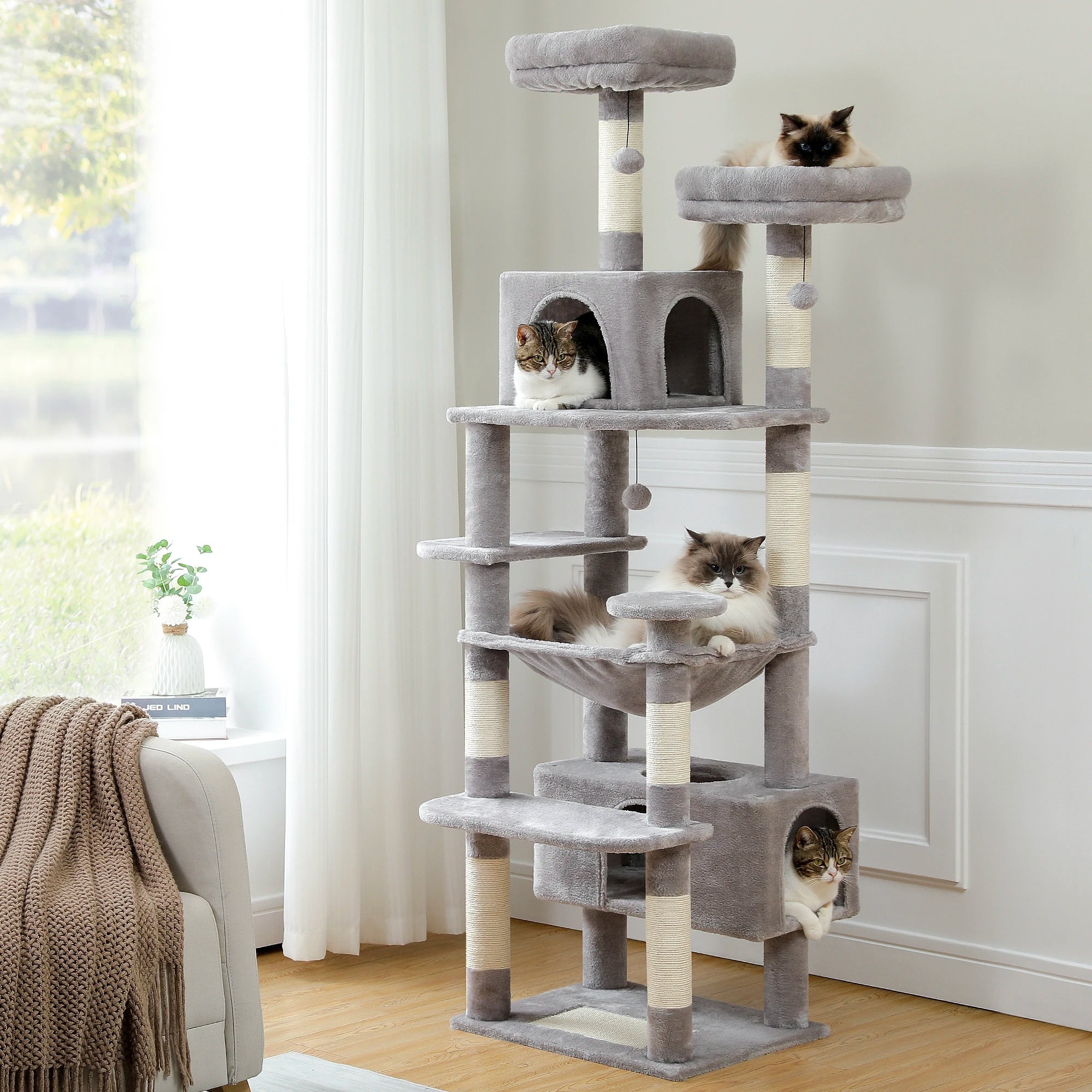 Multi-Level Cat Tree Tower with Scratching Posts&Board, Hammock, Cat Condo, Spacious Top Perch,Dangling Balls for Indoor Cats