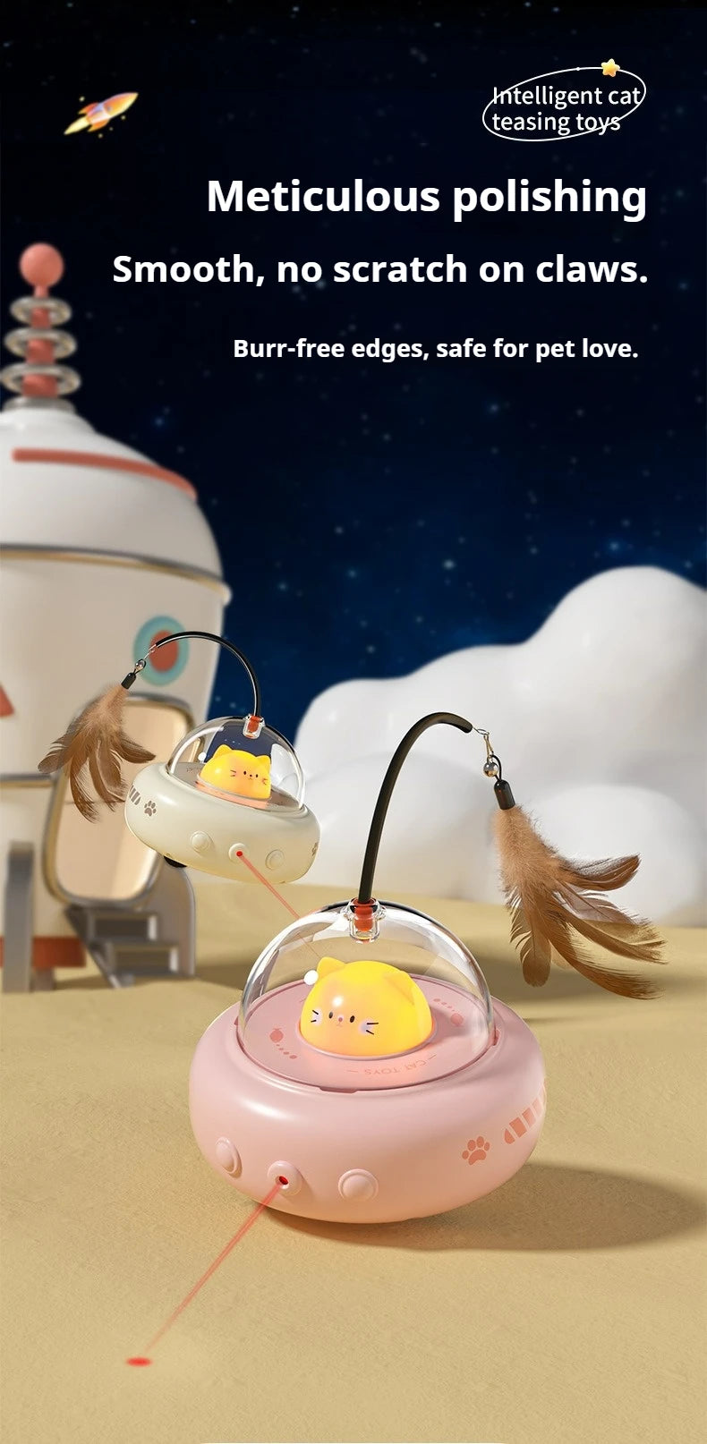 UFO 3-in-1 Automatic Interactive Cat Toy, Laser + Feather + Smart Obstacle Avoidance, USB Rechargeable