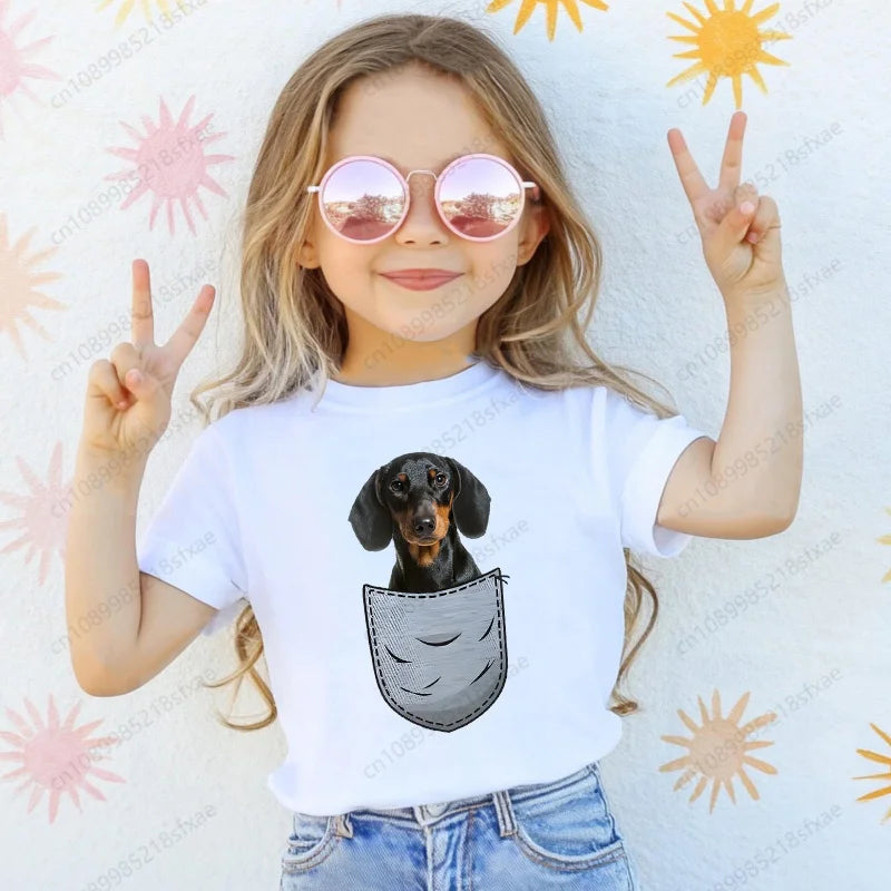 Dachshund Teckel Cute Dog Print Tee Funny T-shirts Baby Boy Girl Tshirt Kids Boys Top Child Summer Short Sleeve White Tops